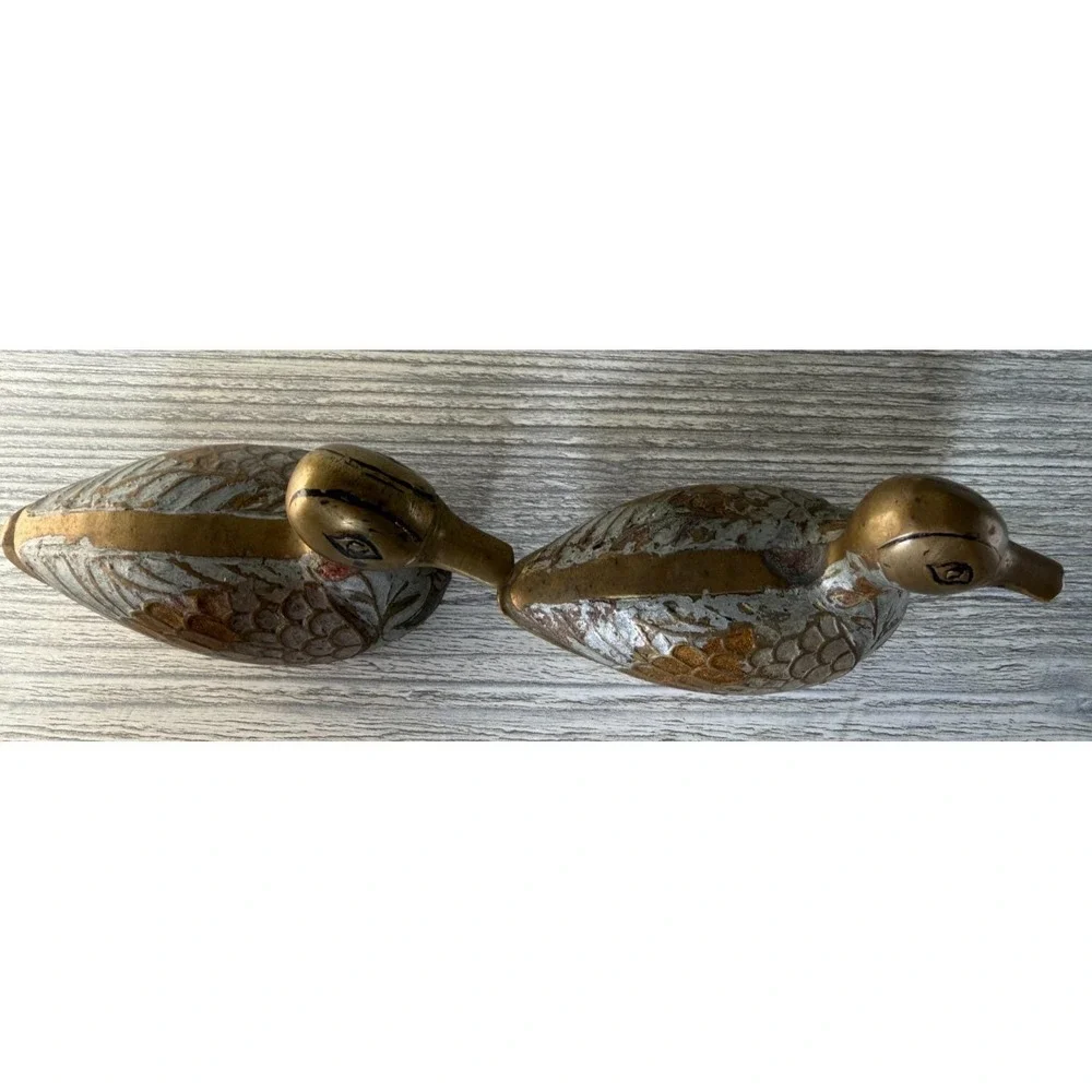 Vintage Pair Brass Enamel Duck Figurine Small Paperweight Patina & Wear 1970's